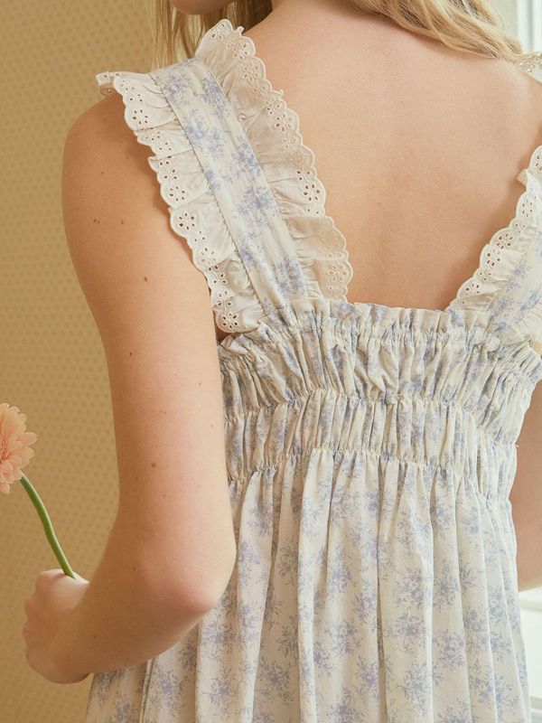 LUNALUZ 藍玫瑰印花蕾絲長裙睡衣｜夏日推薦．薄棉涼感 