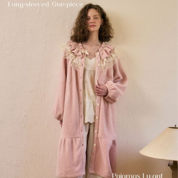 ULLALA 夢幻霧粉蕾絲珊瑚絨睡袍 