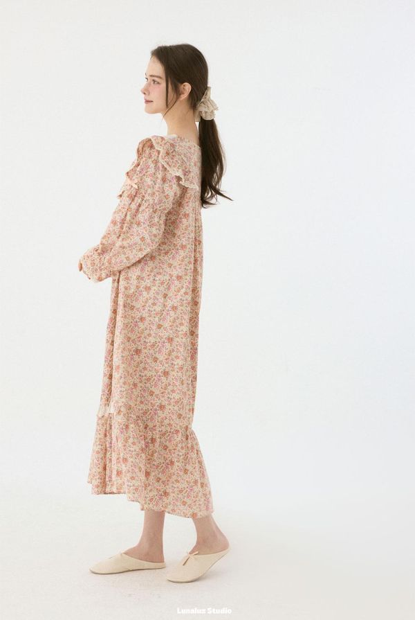 LUNALUZ V 領蕾絲睡衣洋裝｜花園印花 