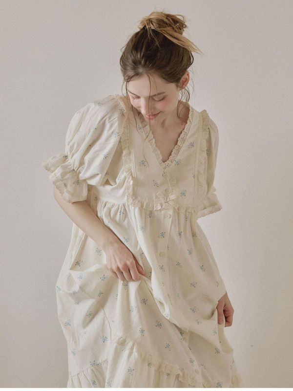 LUNALUZ 靜謐棉感 奶霧白睡衣洋裝｜版型寬鬆　26S 