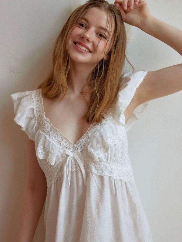 LUNALUZ  長款奢華蕾絲睡衣洋裝 