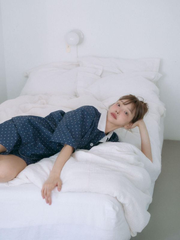 MMOM 深藍波點睡衣套裝｜100%純棉・限量系列 