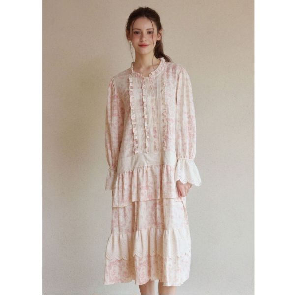 LUNALUZ 韓國粉紅朱依紋印花棉質蕾絲睡衣洋裝 