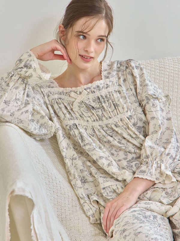 LUNALUZ 復古朱依紋雅緻灰睡衣套裝 