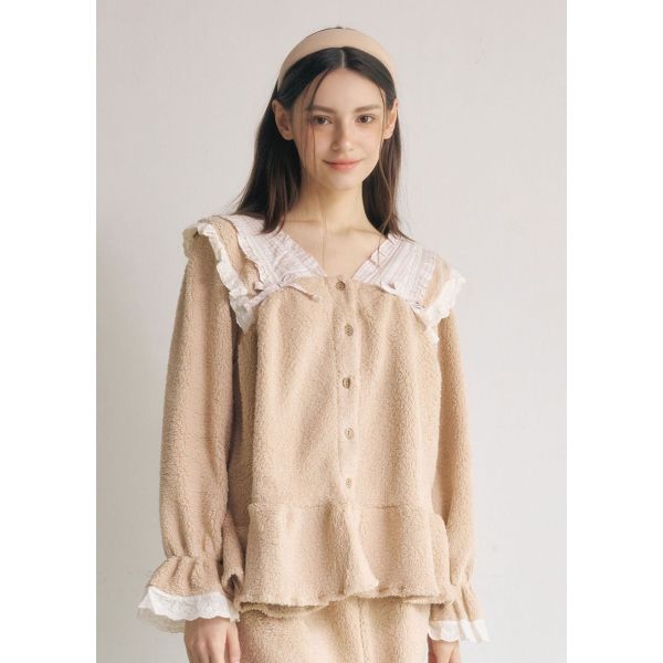 LUNALUZ 羊羔絨蕾絲睡衣套裝｜奶霜米杏 