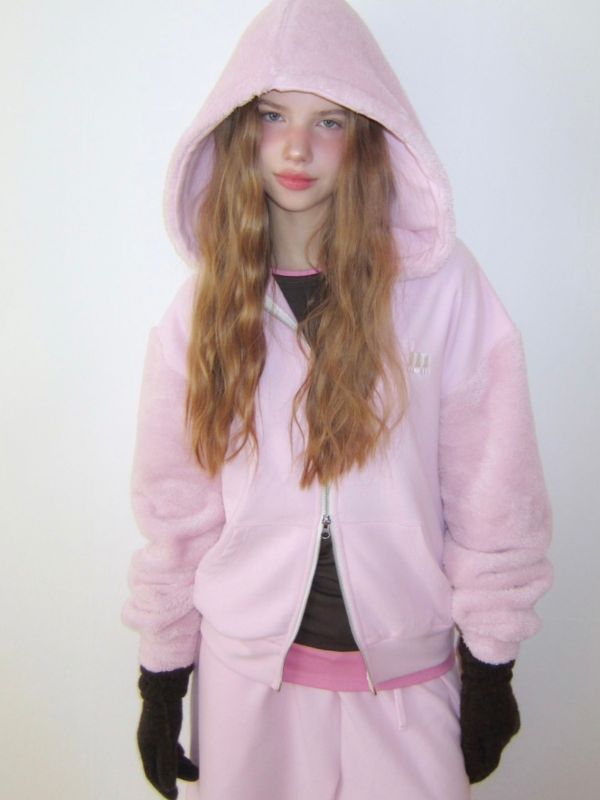 MMOM 拼接連帽家居服外套｜奶霧粉 