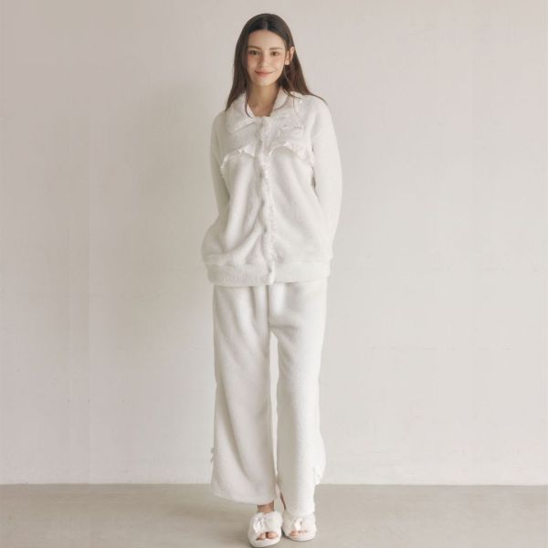 LUNALUZ 雲朵超細纖維蕾絲睡衣套裝｜外套式開襟設計 