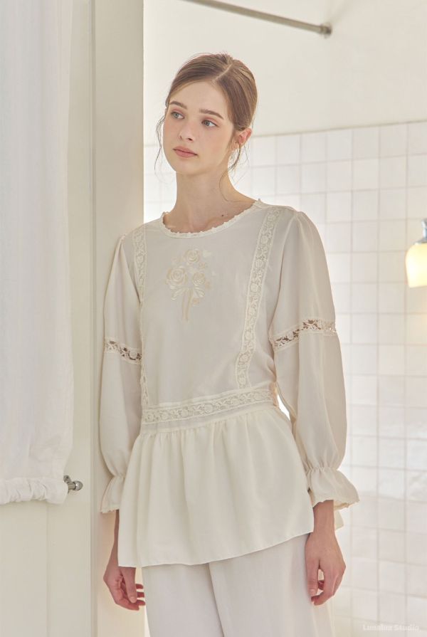 LUNALUZ 米白玫瑰刺繡睡衣套裝 