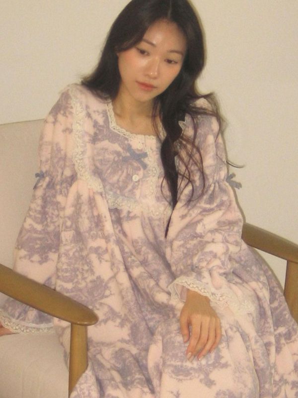 LUNALUZ 法式朱依紋羊羔絨睡衣洋裝 