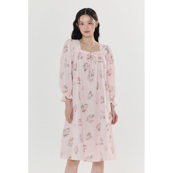 BALCONY 柔軟親膚雙層棉紗長袖睡裙 粉色 