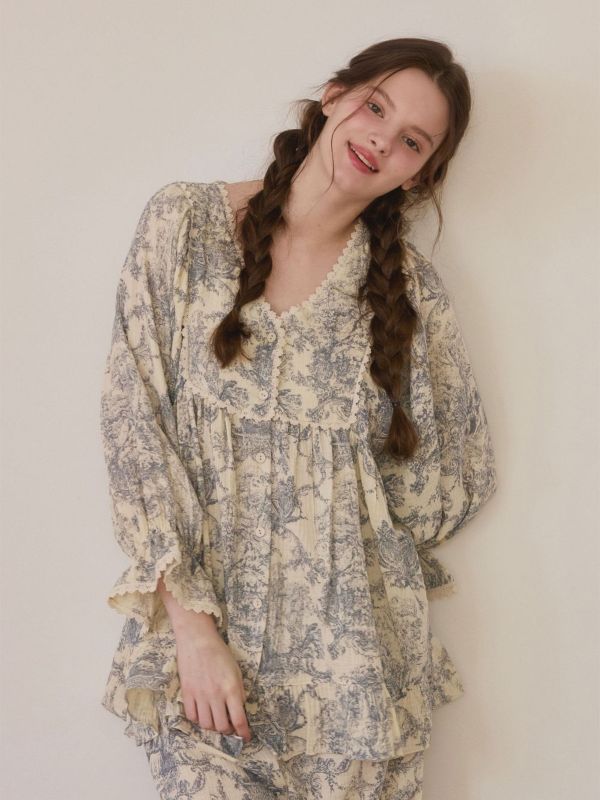 LUNALUZ 韓國復古浮世畫印花睡衣套裝｜雙層紗棉 