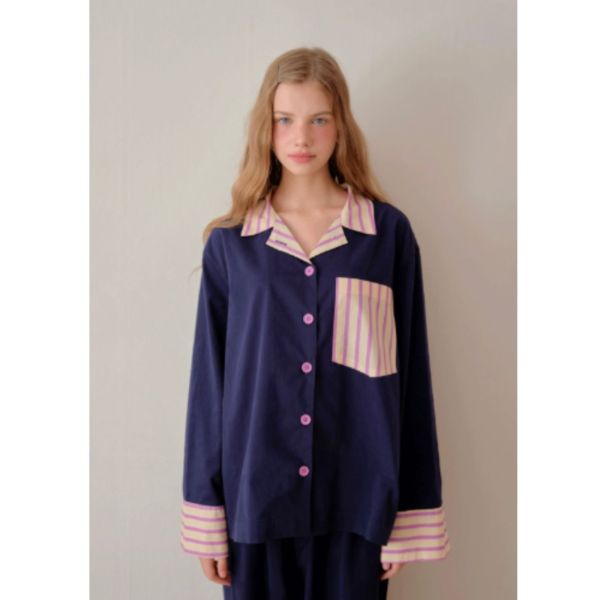 韓國 色塊設計睡衣套裝｜NAVY 