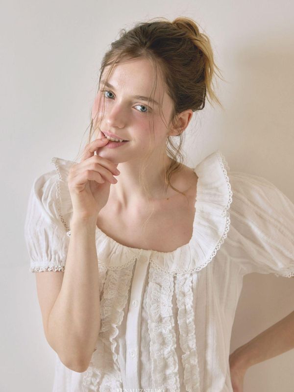 LUNALUZ 立體織紋荷葉領睡衣套裝｜純淨白　26S 