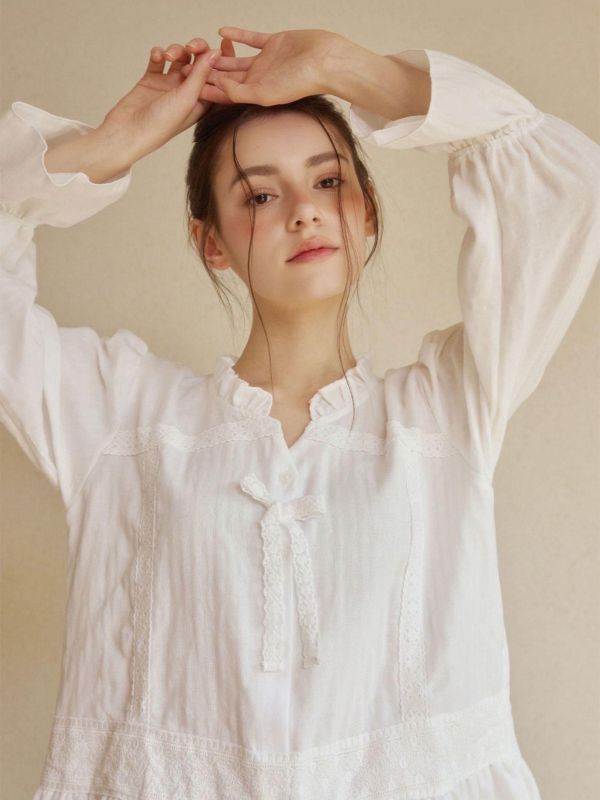 LUNALUZ 純棉混紡蕾絲睡衣套裝｜白色極光 