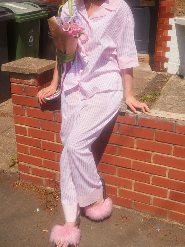 MMOM Flat Peach 條紋長褲｜60支棉 