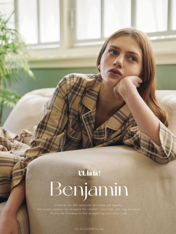 ULLALA 女款米棕格紋睡衣套裝 