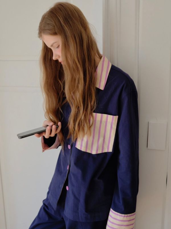 韓國 色塊設計睡衣套裝｜NAVY 