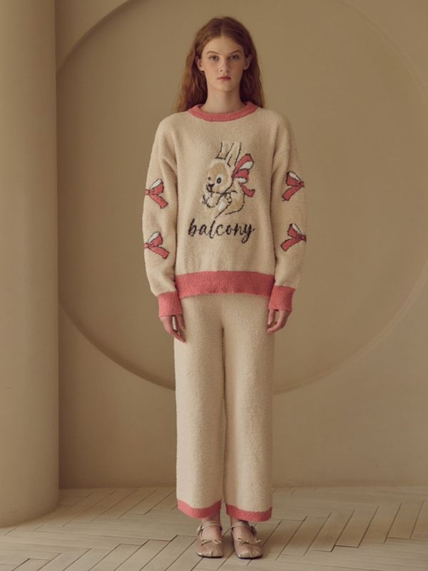 BALCONY 可愛蝴蝶結針織睡衣套裝 