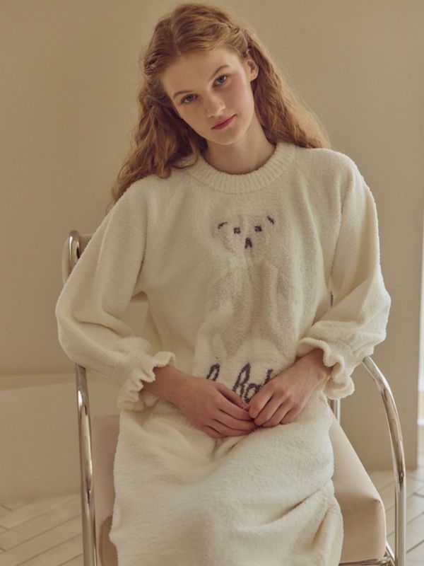 BALCONY 圍巾小熊針織睡衣洋裝 