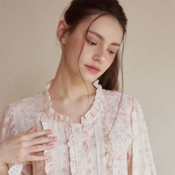 LUNALUZ 韓國粉紅朱依紋印花棉質蕾絲睡衣洋裝 