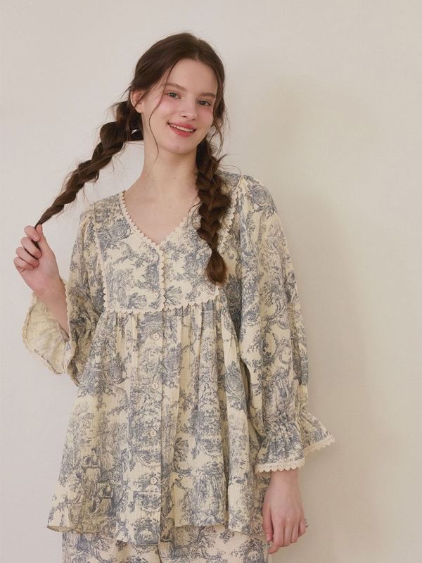 LUNALUZ 韓國復古浮世畫印花睡衣套裝｜雙層紗棉 