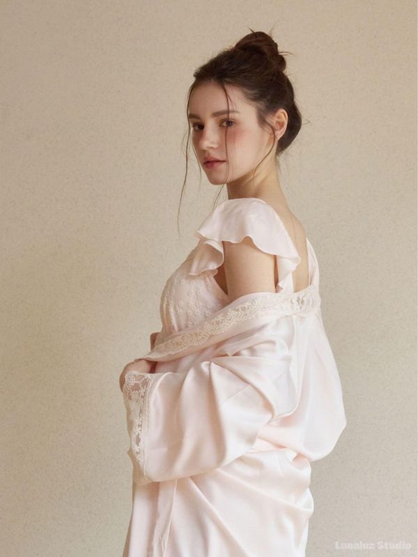 LUNALUZ 夜曲蕾絲 睡衣睡袍組｜柔霧粉 26S 