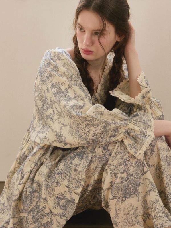 LUNALUZ 韓國復古浮世畫印花睡衣套裝｜雙層紗棉 