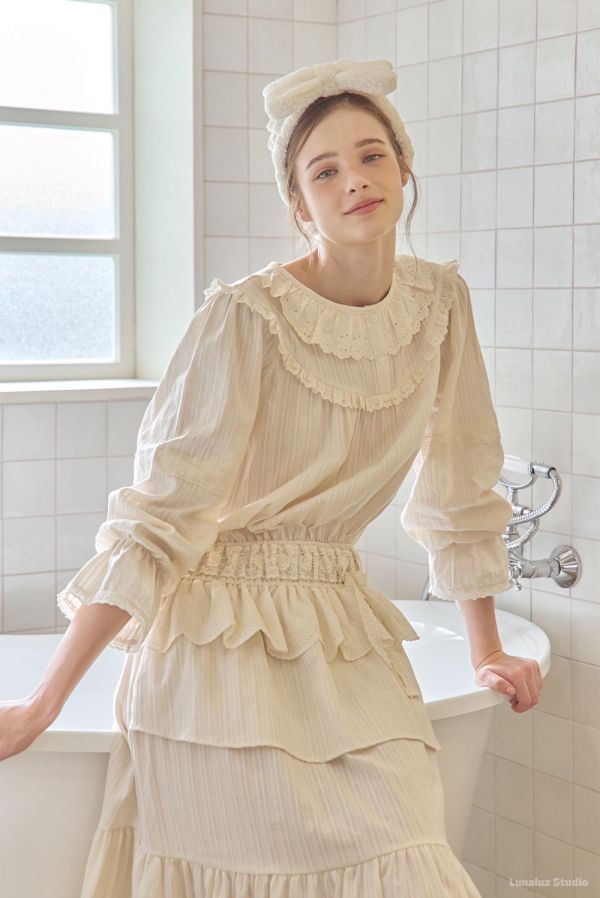LUNALUZ 米白小夜曲蕾絲睡衣洋裝 
