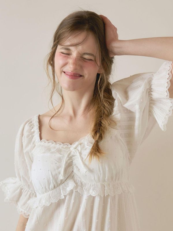 LUNALUZ 立體織紋蕾絲睡衣洋裝｜內襯Bra・純淨白 26S 