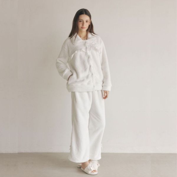 LUNALUZ 雲朵超細纖維蕾絲睡衣套裝｜外套式開襟設計 