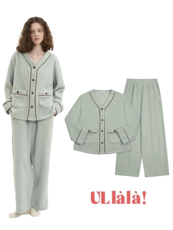 ULLALA 薄荷晨光珊瑚絨睡衣套裝 