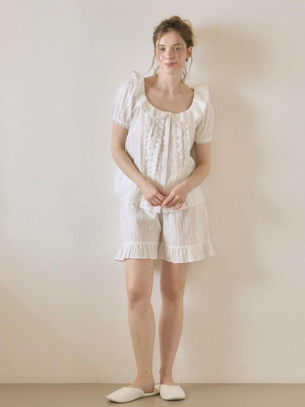 LUNALUZ 立體織紋荷葉領睡衣套裝｜純淨白　26S 