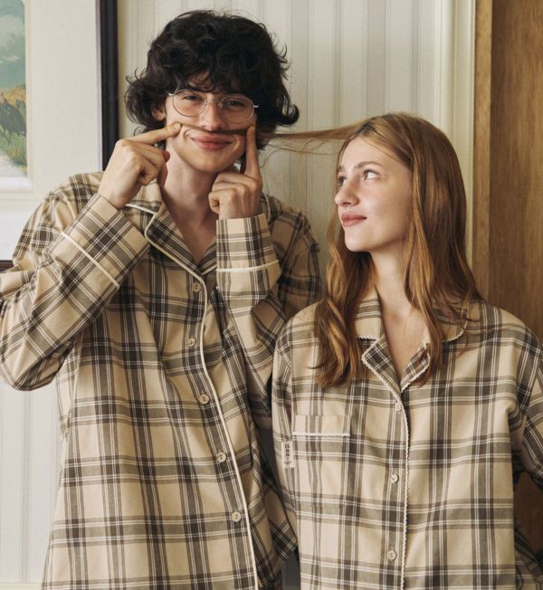 ULLALA 女款米棕格紋睡衣套裝 