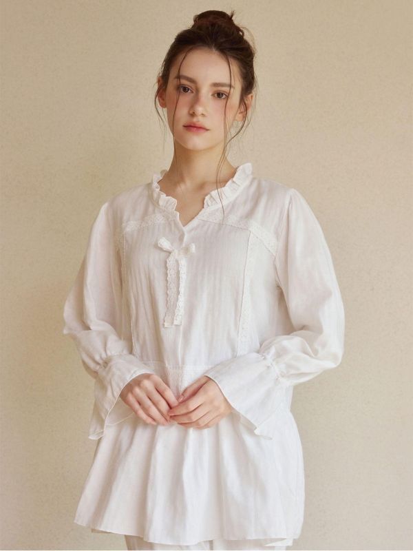 LUNALUZ 純棉混紡蕾絲睡衣套裝｜白色極光 