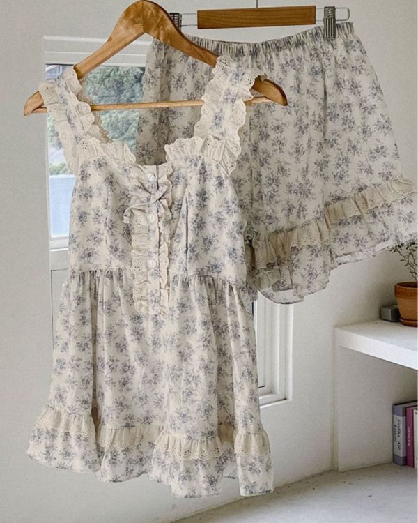 LUNALUZ 藍玫瑰印花蕾絲睡衣套裝｜夏日推薦．薄棉涼感 