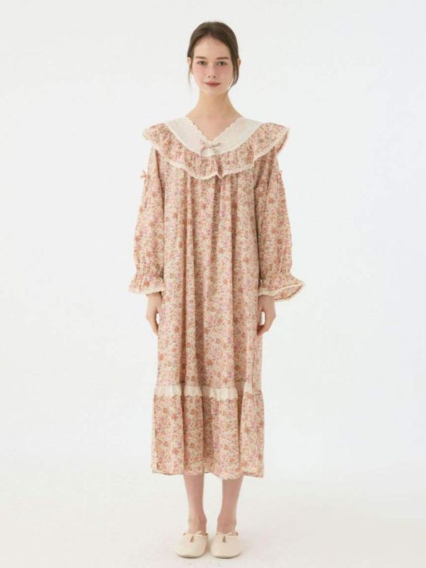 LUNALUZ V 領蕾絲睡衣洋裝｜花園印花 