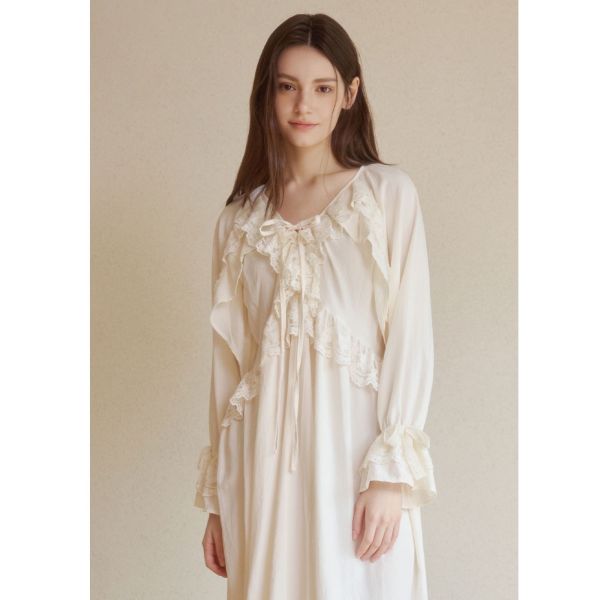 LUNALUZ 奶油香頌蕾絲綁帶睡衣洋裝 