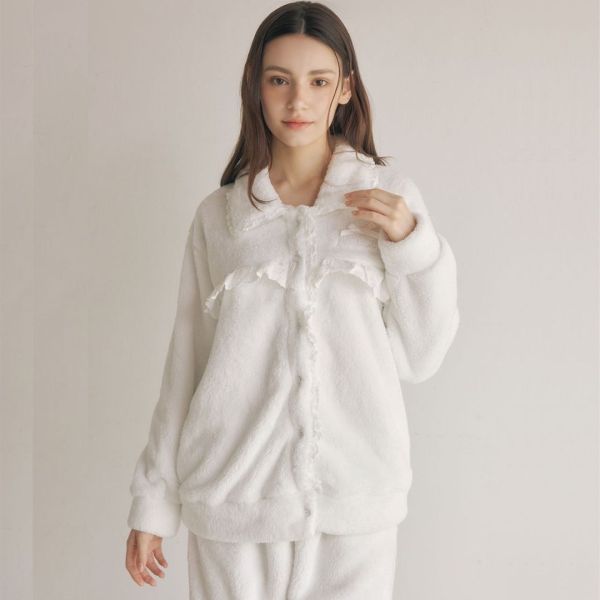 LUNALUZ 雲朵超細纖維蕾絲睡衣套裝｜外套式開襟設計 