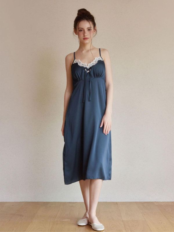 LUNALUZ 夜曲蕾絲 睡衣睡袍組｜內襯 Bra 深夜藍 26S 