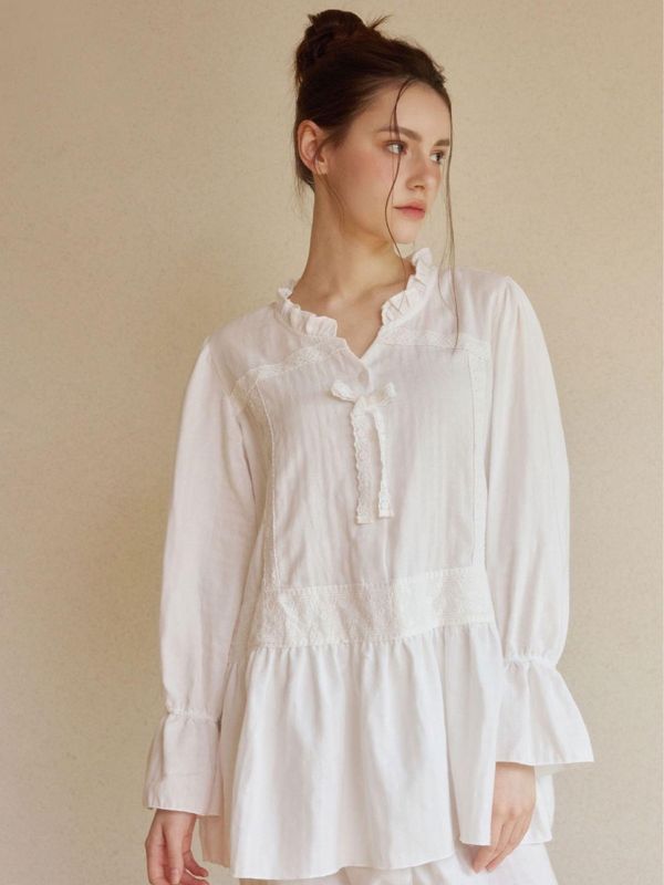 LUNALUZ 純棉混紡蕾絲睡衣套裝｜白色極光 