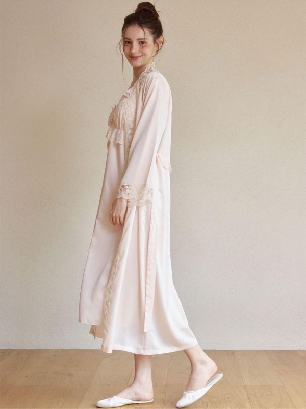 LUNALUZ 夜曲蕾絲 睡衣睡袍組｜柔霧粉 26S 