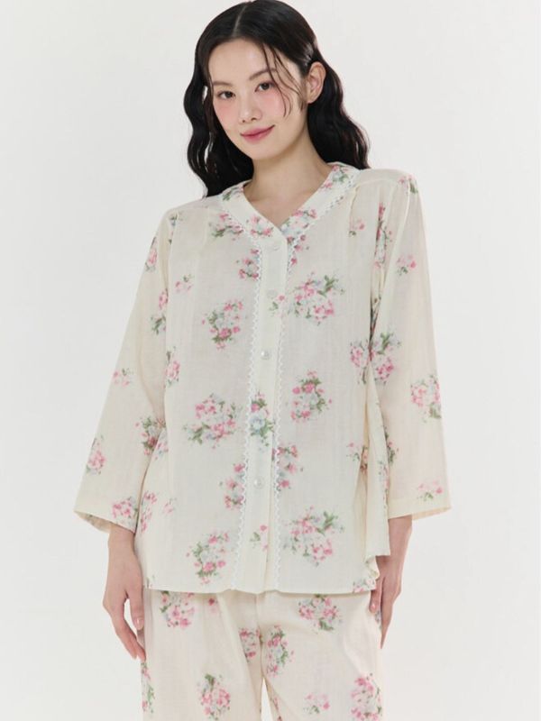 BALCONY 柔軟親膚雙層棉紗長袖睡裙 米色 