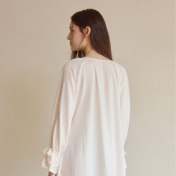 LUNALUZ 奶油香頌蕾絲綁帶睡衣洋裝 