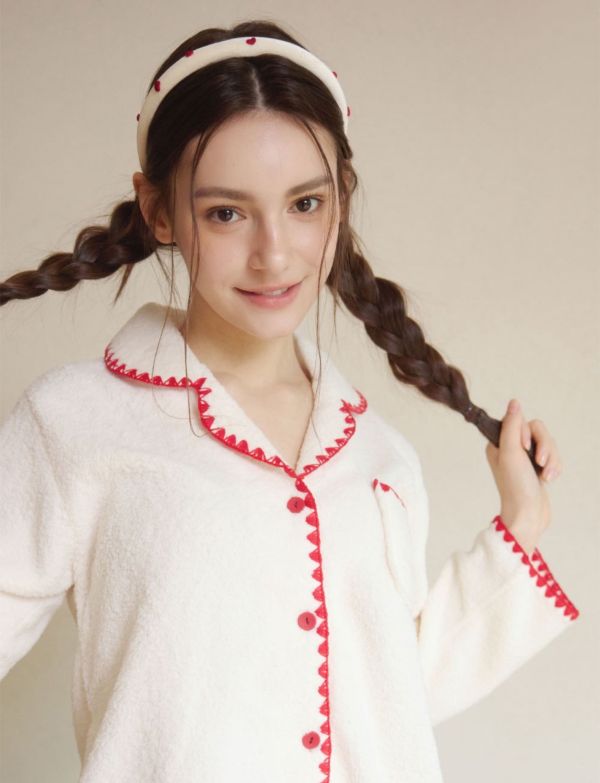 LUNALUZ 經典滾邊羊羔絨睡衣套裝｜9分褲設計 