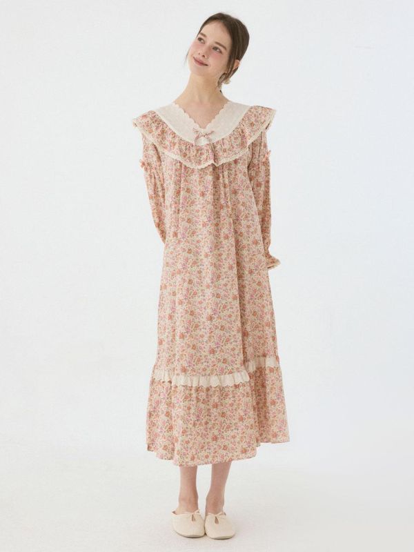 LUNALUZ V 領蕾絲睡衣洋裝｜花園印花 