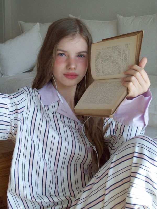 韓國 色塊設計睡衣套裝｜PINK 