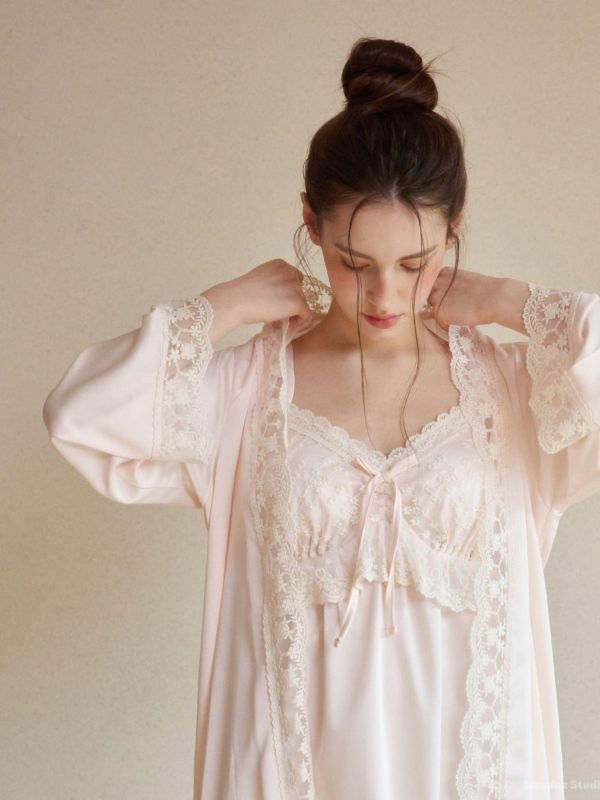 LUNALUZ 夜曲蕾絲 睡衣睡袍組｜柔霧粉 26S 