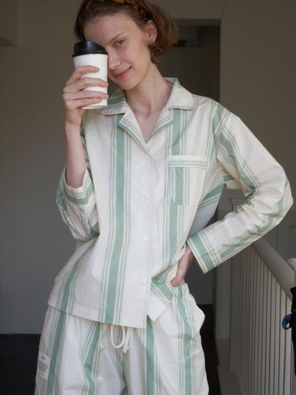 VIVIHOME 韓國橄欖色條紋睡衣套裝｜午夜巴黎系列 