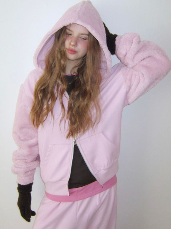 MMOM 拼接連帽家居服外套｜奶霧粉 