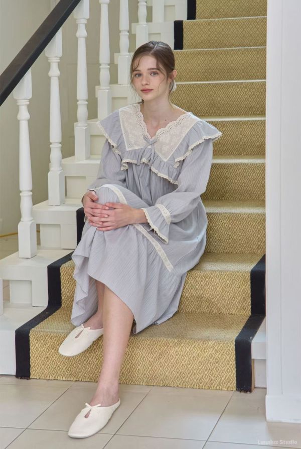 LUNALUZ 暮霧灰純棉蕾絲睡衣 